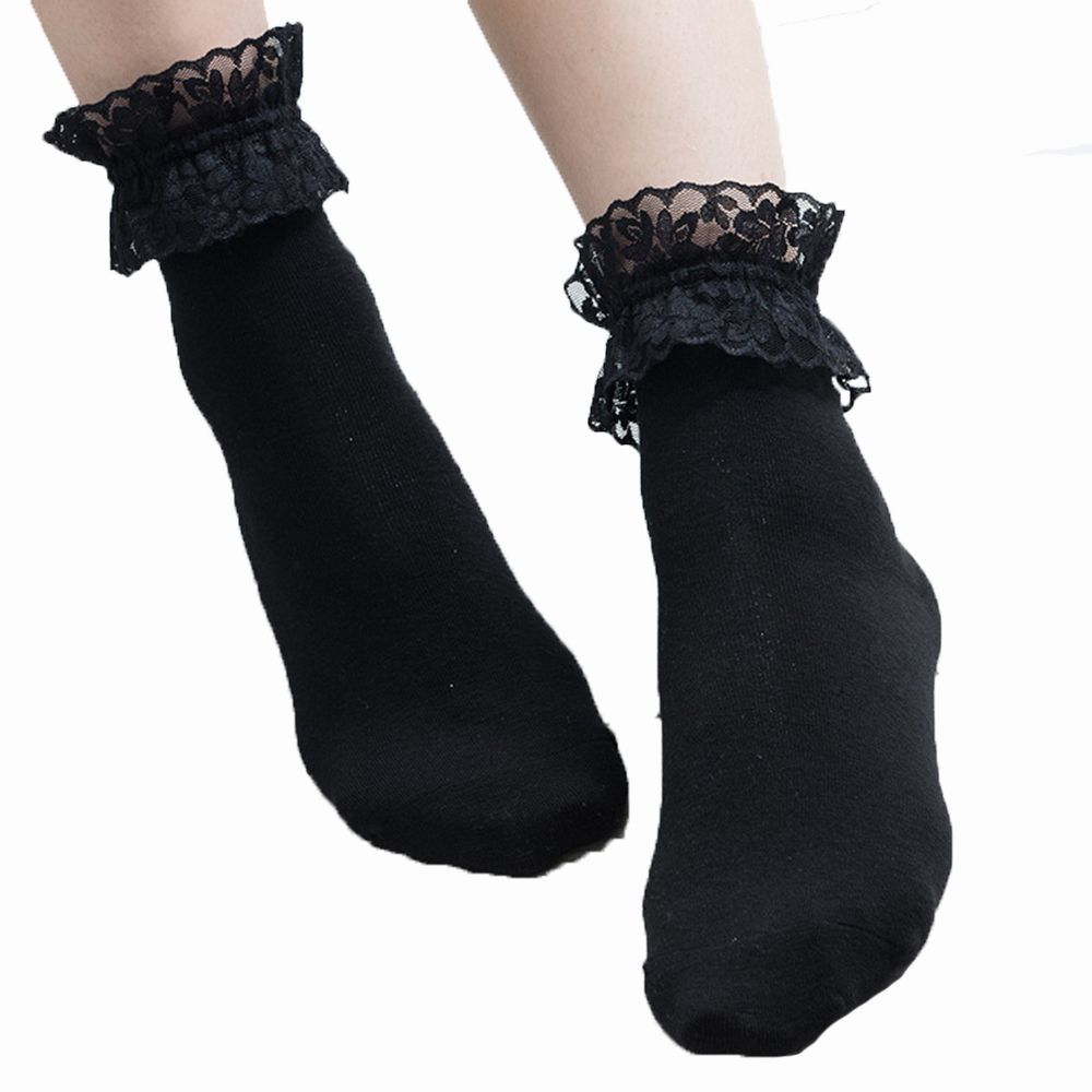 6Color Pink Vintage Lace Ruffle Frilly Ankle Socks Ladies Princess Girl Sweet Cotton Women Student Lolita Boat Socks: black