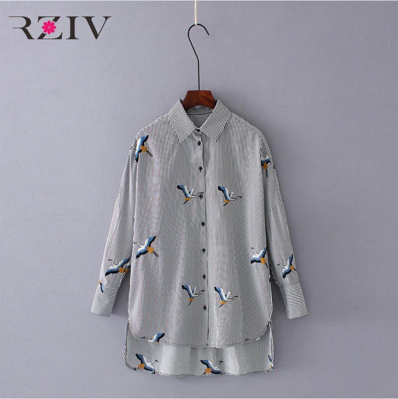RZIV Lente vrouwen shirt blouse casual gestreepte shirt losse geborduurd overhemd top: M