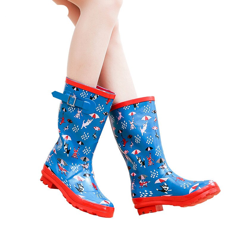 Swyivy regnstøvler kvinde gummisko efterår vinter kvindelig blomst vandtætte regnstøvler behagelige mellemhøje regnstøvler: Blå / 36