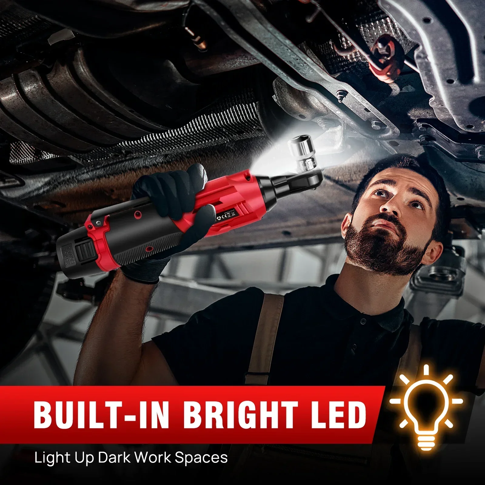 impostato di chiavi a cricchetto a batteria Feytory 200Nm 90 ° con 2 batterie agli ioni di litio da 1500 mAh, chiave angolare da 3/8'' con impostato di prese da 7 pezzi