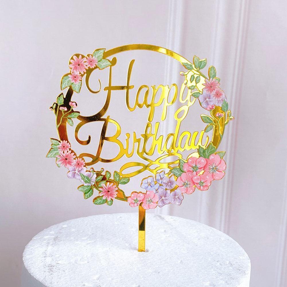 Happy Birthday Cupcake Toppers Colored Flowers Acrylic Baking Dessert Kids Party Decorations Supplies Topper Party Ca R9P5
