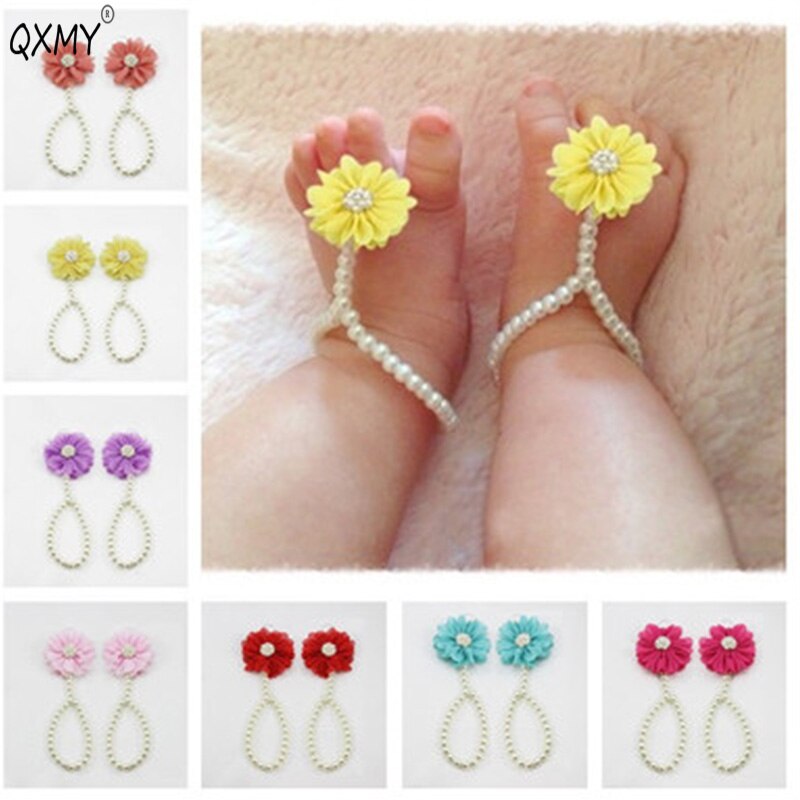 Baby Pearl Anklets Shoe Jewelry With Flowers Foot Chain Infant Colorful Barefoot Anklet Chain Accessories