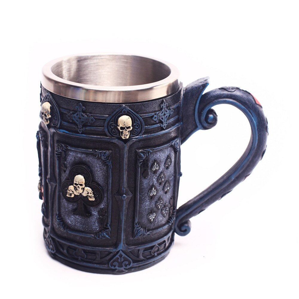 Skull Mug Poker Skull Maltese 3D Tankard 304 Stainless Steel Inner Punk Gothic Beer Mugs Cup Halloween Birthday 400mL: D