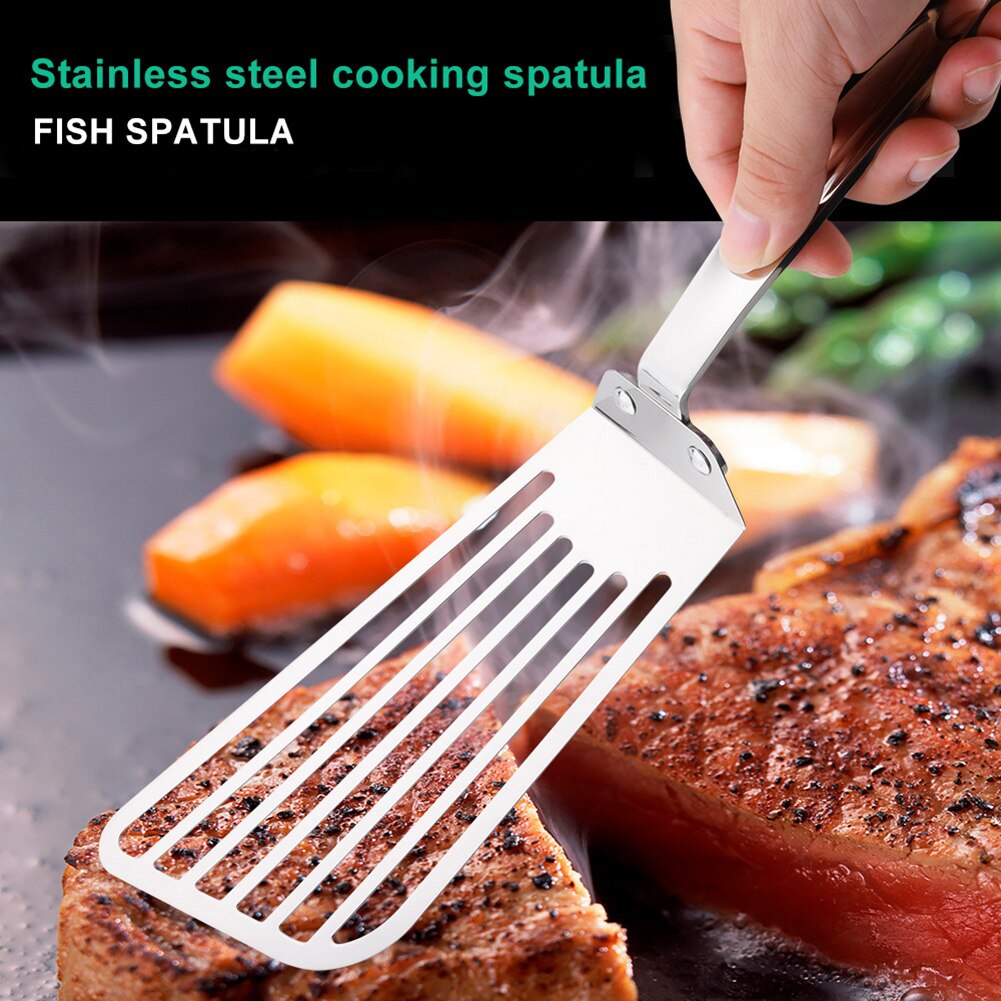 Fish Spatula Stainless Steel Slotted Turner Steak Spatula Fish Spatula Multipurpose Wooden Handle Kitchen Fish For Meat BBQ Fry