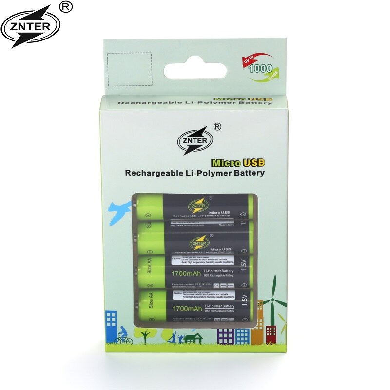 ZNTER 2/4 stuks AA Oplaadbare Batterij 1.5 V 1700 mAh USB Opladen Lithium Batterij Bateria met Micro USB oplaadkabel