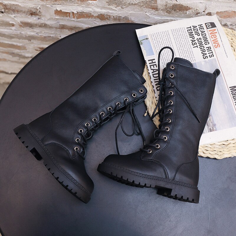 Black Girls Boots 2022 Autumn Children Leather Cross-Tied Platform Boots Side Zipper Rubber Boots For Student Kids