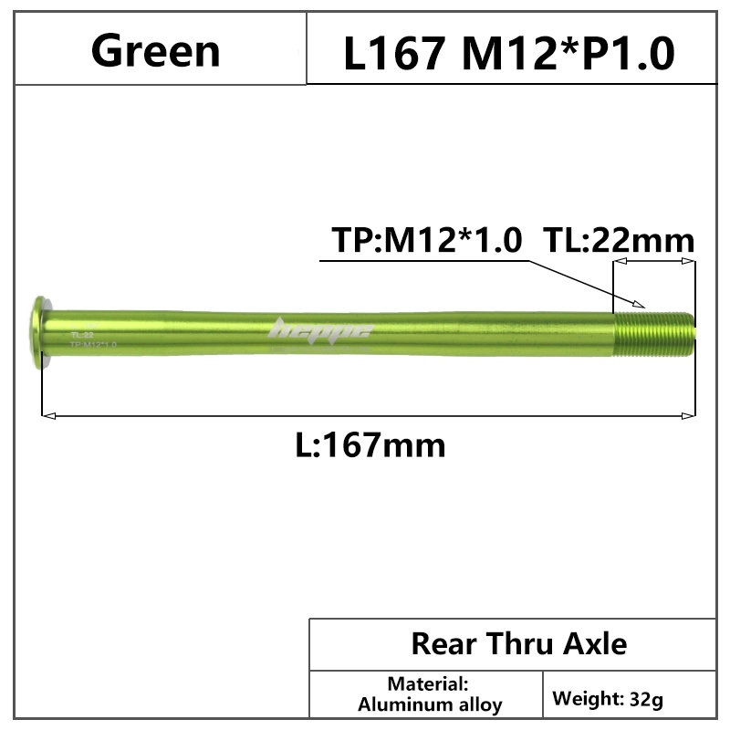 HEPPE-eje pasante para bicicleta de montaña, brochetas de eje trasero, 12x142, 12x148, liberación rápida, 167mm, M12xP1.0, multicolor: Green Color