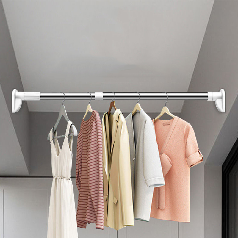 Extendable Curtain Rod Cupboard Closet Clothes Bars Stainless Steel Adjustable Curtain Rod with Self Adhesive Hooks Hanging Pole