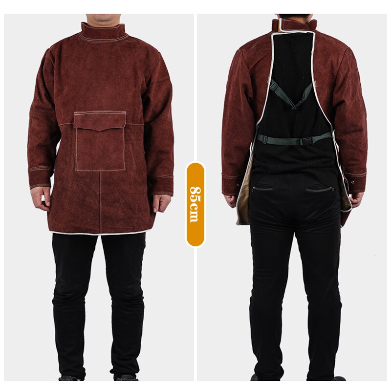 Cowhide Work Clothes Apron Welding Protective Clothing Heat and Fire Resistant Welders Safety Clothing Welding Apron: Long collar / brown 85cm