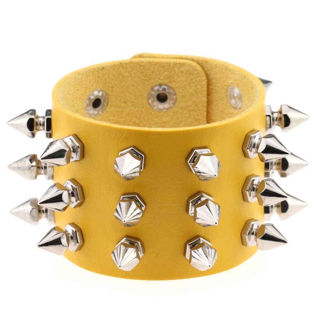 Boho Emo Spike bransoletka sztuczna skóra Punk bransoletki dla kobiet mężczyzn biżuteria Goth dziewczyna chłopiec mankiet Bangle Studded Halloween nadgarstek: P136 Yellow