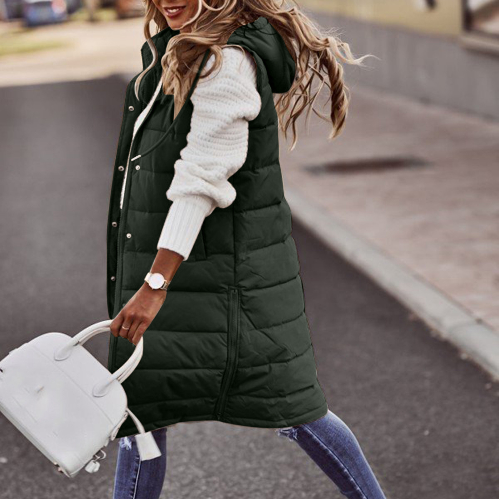 Winter Women's Long Quilted Jacket With Hood Outdoor Sleeveless Down Vest Winter Warm Quilted Coat With Pockets Thermal Parka: M / MULTI