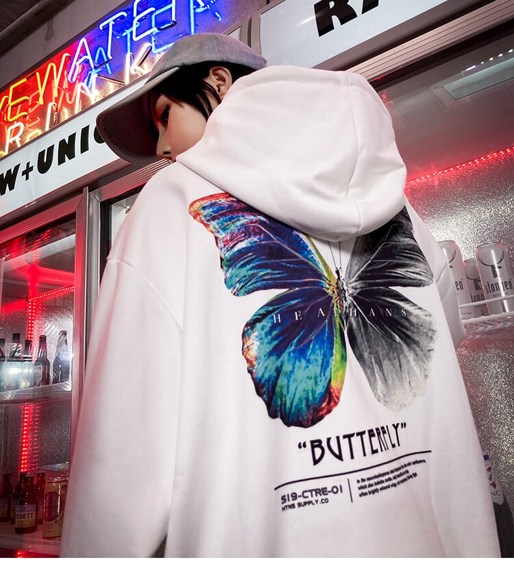 Men Hip Hop Sweatshirt Hoodie Color Butterfly Streetwear Harajuku Pullover Hoodie Cotton Fleece Winter Autumn Black Hoodie