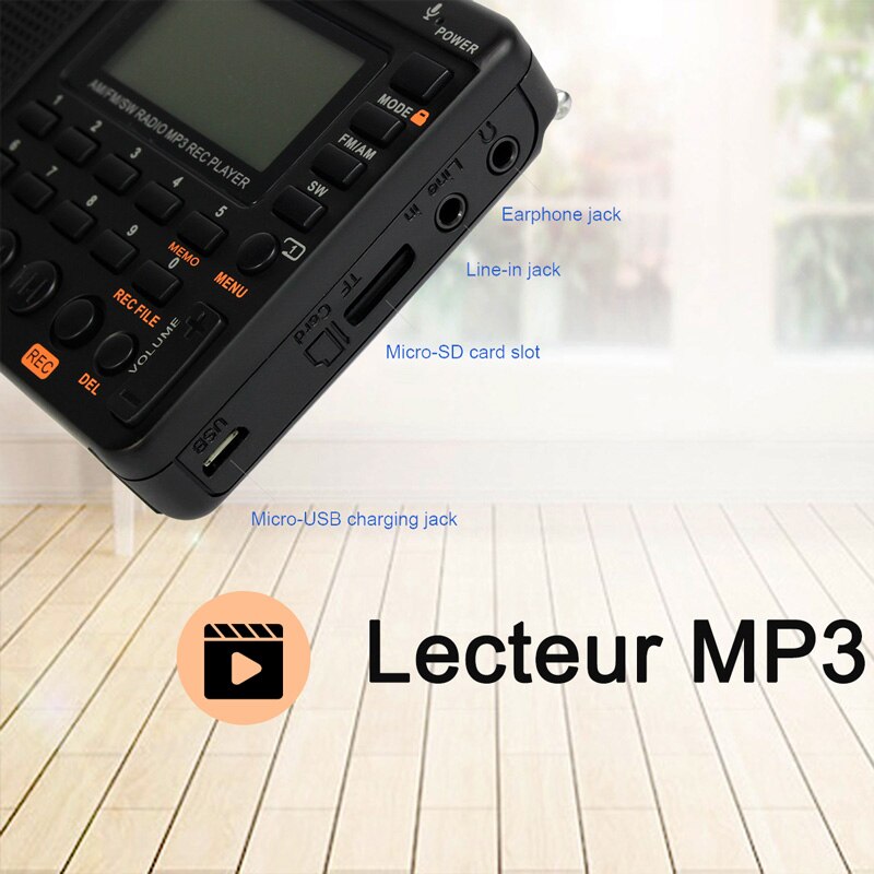 V-115 Portable Radio Full Band Radio Recorder FM AM MP3 Playback Support Plug TF 3.5 MM AUX Input Adjustable LCD Backlight