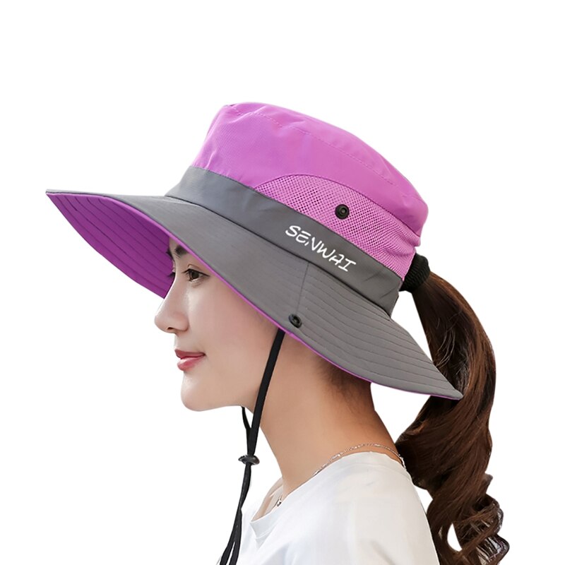 Hurtigtørrende spand hat bred skygge åndbar pakke sammenfoldelig solskærm solhestehalehætte med hagerem: Lilla