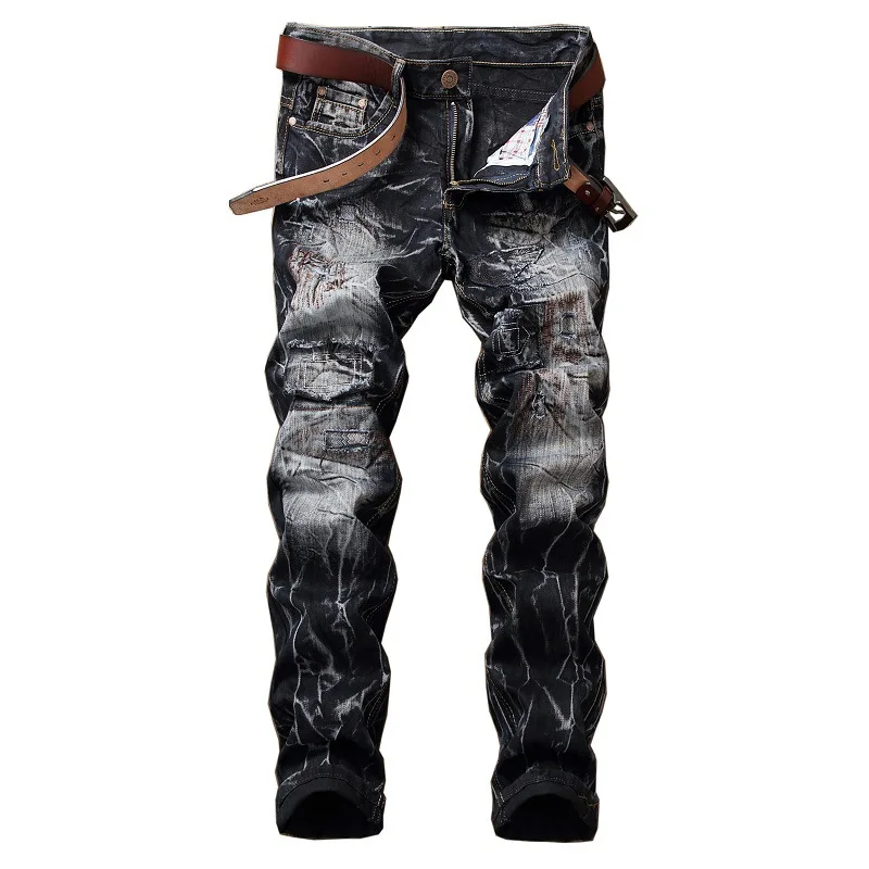 Nuevos pantalones vaqueros informales rasgados de retales, ropa de calle para hombre, pantalones vaqueros desgastados Retro para motocicleta, pantalones vaqueros rectos ajustados a la para hombre: 32 / Negro