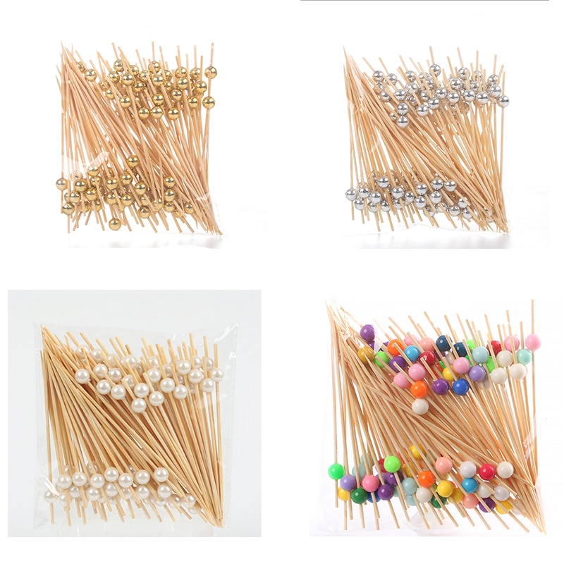100PCS Gold Beads Bamboo Fruit Sticks For Kids Cocktail Decoration Picks Salad Sandwich Buffet Toothpicks Wedding Party Supply