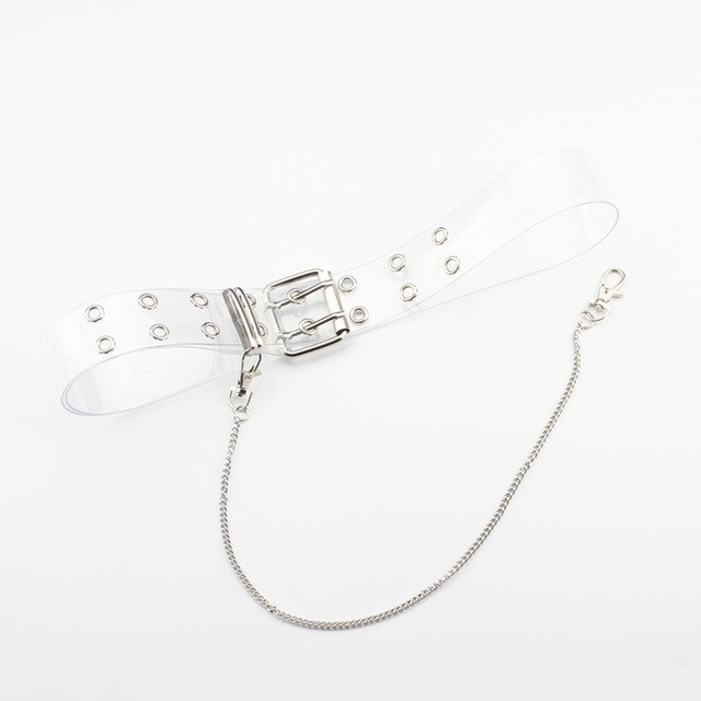 cinturón de PVC de dos filas para mujer, hebilla de doble Pin, cinturones transparentes de cintura blanca para mujer, cinturón para Vestido vaquero para mujer: Clear With Chain