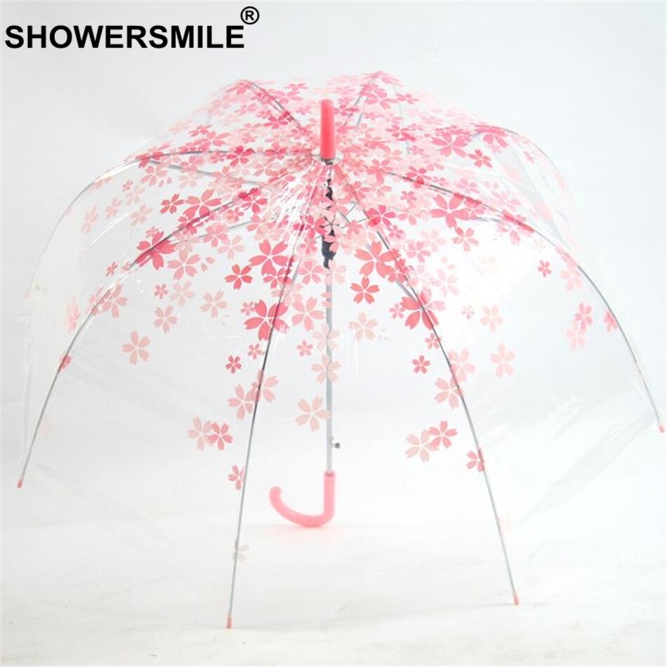 Brusebad sakura blomst gennemsigtig paraply til kvinder lyserød lang håndtag romantisk bur paraply regn fuglebur bryllup parapluie