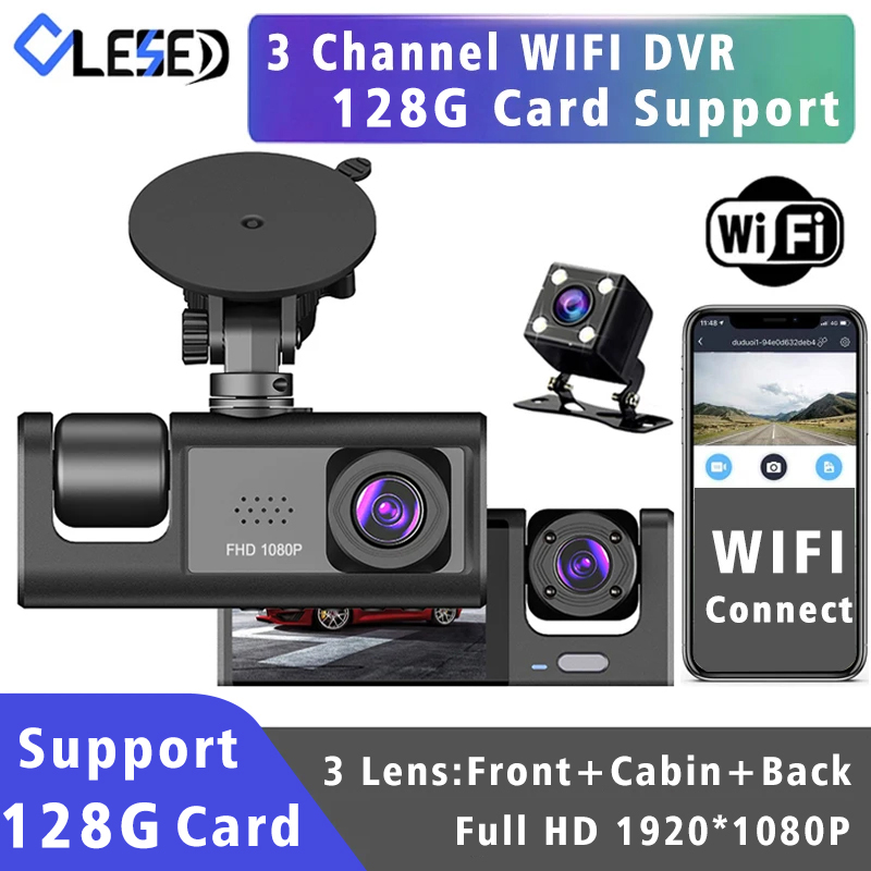 WiFi 3-Kanal-Dashcam Drei-Wege-Auto-DVR im Inneren Fahrzeugkamera-Recorder HD1080P Video Mini Registrator Kabine Dashcam Camcorder