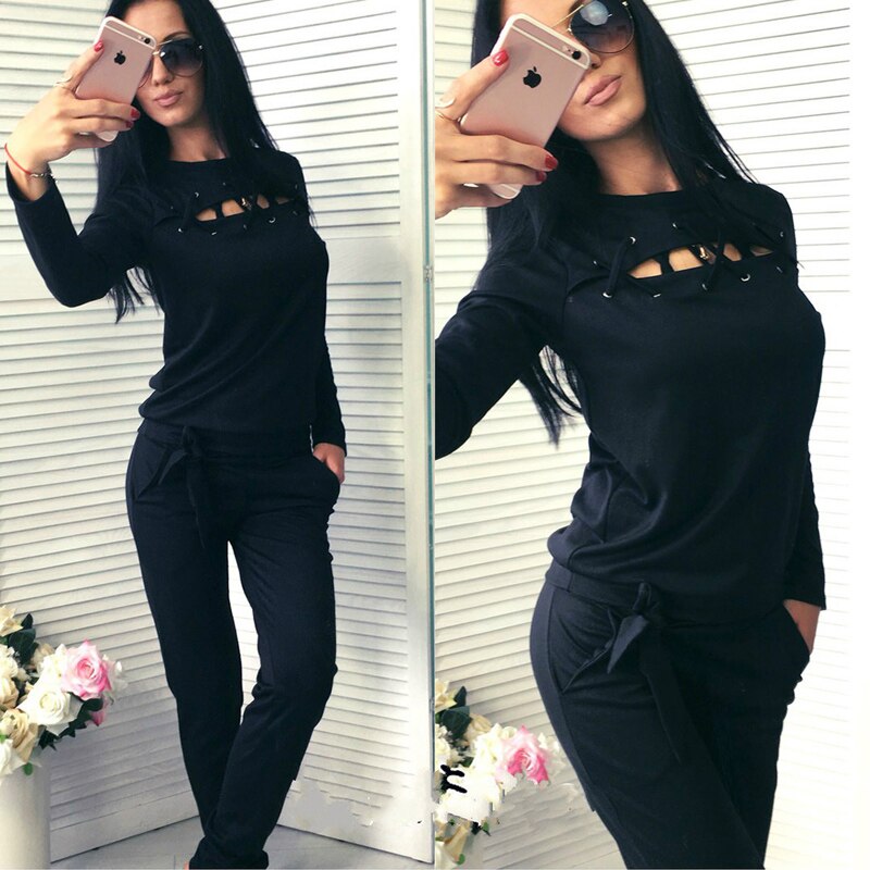 Women Sports Sets 2 Pieces Bandage Hoodies + Sweatpants Women Tracksuits Sportswear Sports Fitness Running Volleyball Sets