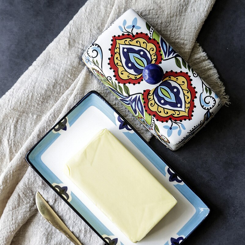 Caja de cerámica creativa para mantequilla vajilla europea con tapa plato de mantequilla plato de postre plato de mantequilla caja de almacenamiento de queso