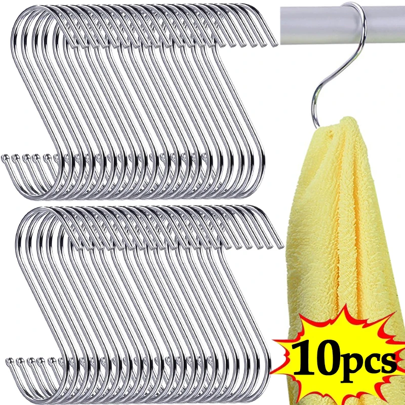 Ganchos en forma de S de acero inoxidable, colgador de Metal para colgar ropa, toallas, llaves, gancho grande reutilizable para cocina y baño, 10/2 Uds.