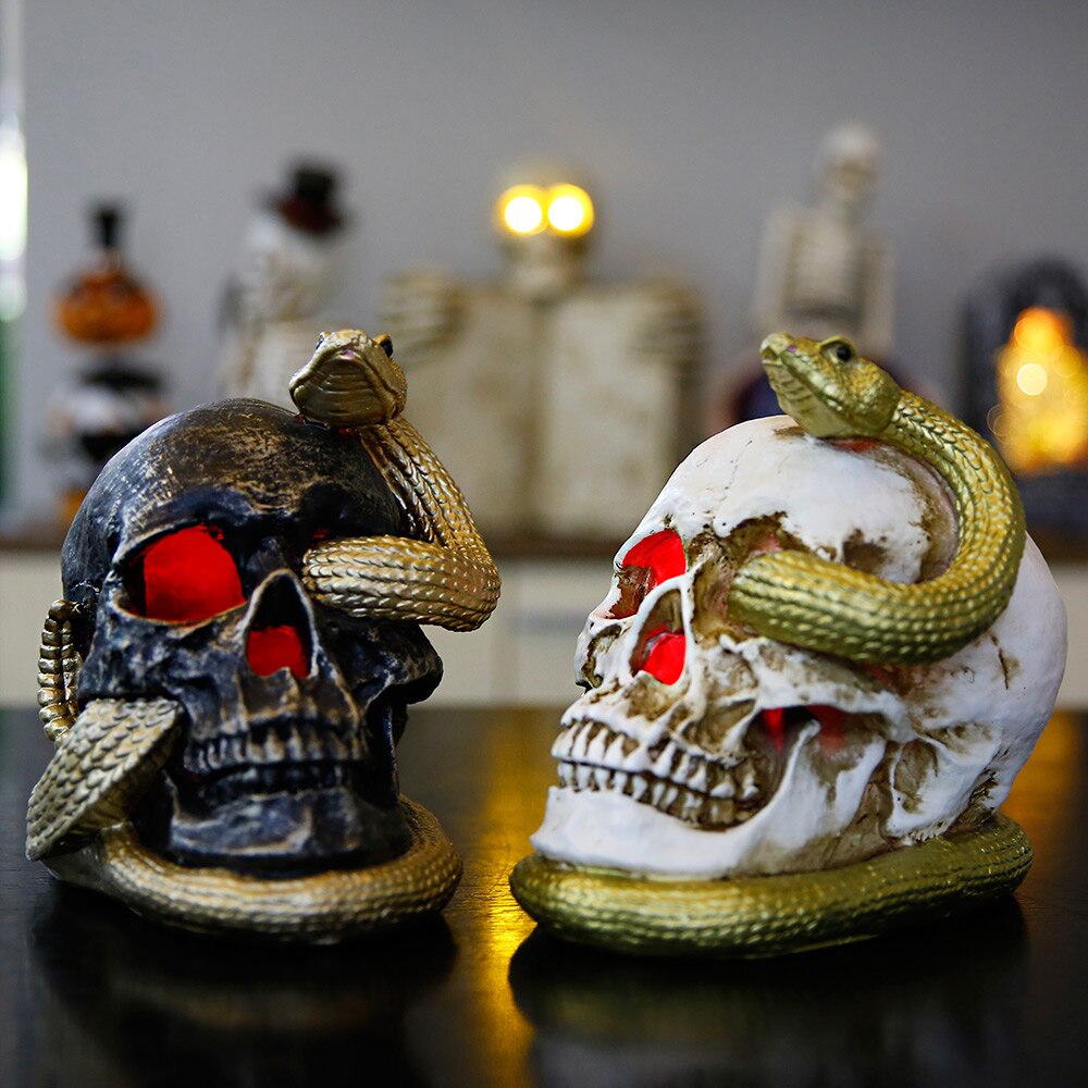 Halloween Simulatie Snake Schedel Hoofd Met Licht Schedel Bone Head Scene Layout Prop Ornament Hars Ornamenten Horror Decor