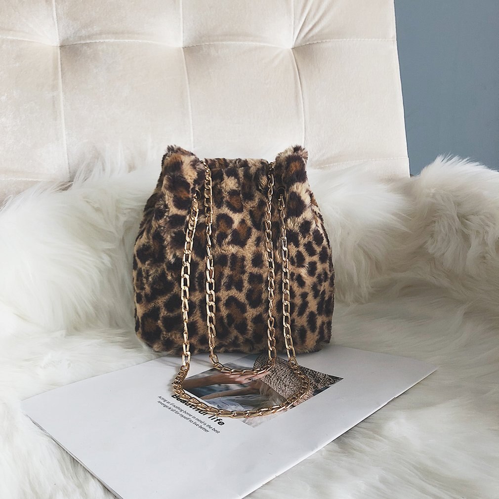 Leopard Print Crossbody Bag Women Plush Soft Casual Shoulder Messenger Bag Female Shopping Handbag Chain Bucket Bag