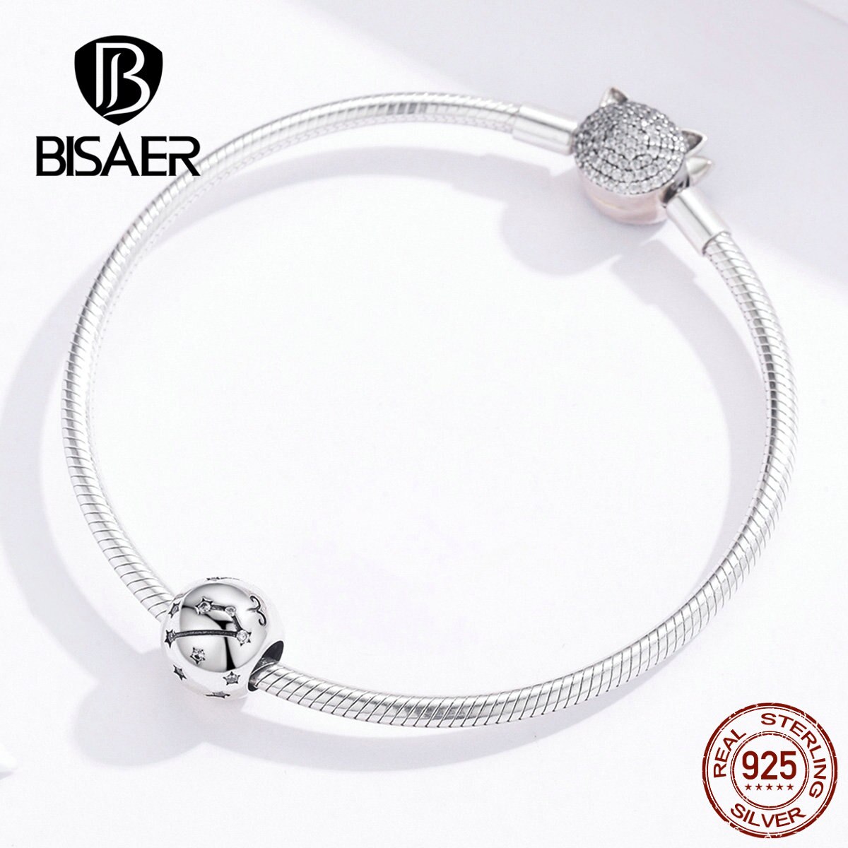 BISAER Vendita Calda 925 Sterling Silver Dodici Costellazioni star Segno Dello Zodiaco Fascino Dei Branelli Misura Il Pendenti e Ciondoli Bracciali Gioielli FAI DA TE