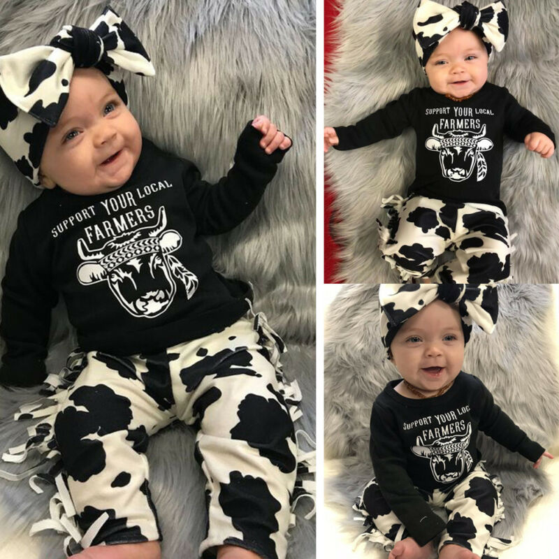 Nyfødt baby pige dreng ko t-shirt kvaster bukser pandebånd outfits tøj sæt