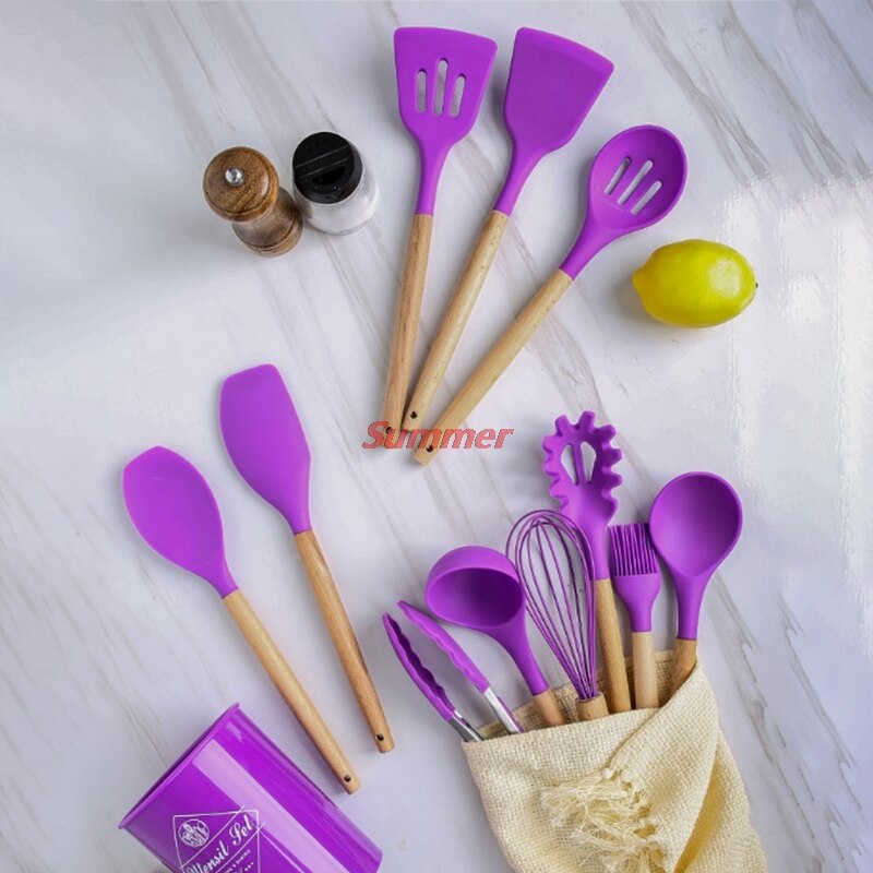 Purple Silicone Cooking Utensils Set Non-stick Spatula Shovel Wooden Handle Cooking Tools Set Special Heat-resistant