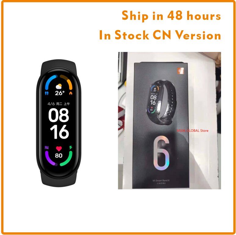 In Voorraad Originele Xiaomi Band 6 Mi Band 6 Bloed Zuurstof 1.56 Amoled Fitness Tracker Hartslagmeter Smart Polsband Band: Ship in 48 hours