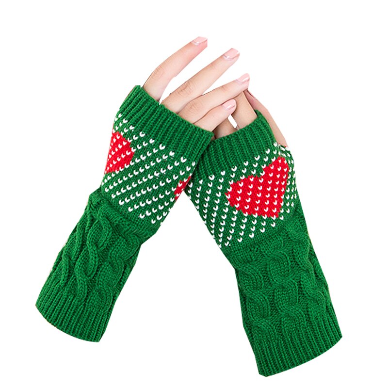 1 Pair Winter Heart Printing Half-finger Gloves Women Stylish Thick Warm Knitted Arm Wrist Warmer Fingerless Cute Gloves: Green