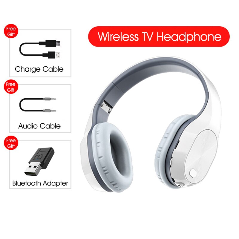 Wireless Headphones BT 5.0 HiFi Bluetooth Headset 9D Stereo Earphone With Transmitter Stick For TV Computer Phone: white with BT