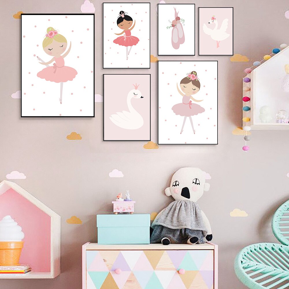 Tegneserie ballet pige lærred udskriver lyserøde svane vægbilleder til børneværelser nordiske plakater og udskrifter børnehave væg kunst uindrammet