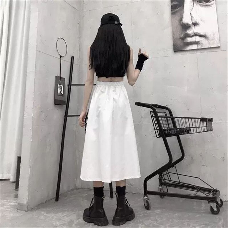 Falda larga de cintura alta para mujer, falda negra con bolsillos laterales y cadena, estilo coreano, ropa informal estilo Hip Hop Harajuku de talla grande