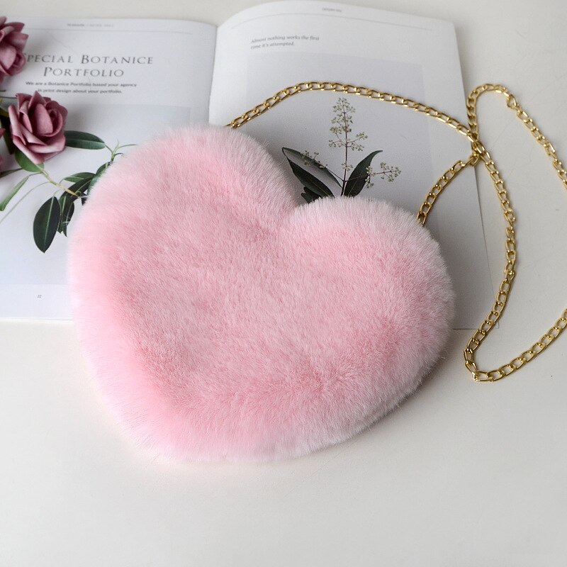 Mode Vrouwen Hartvormige Handtassen Leuke Kawaii Faux Fur Crossbody Tassen Portemonnee Portemonnee Pluche Keten Schoudertas Dame Handtas: Light Pink