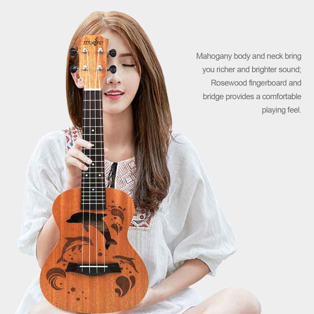 21 Inch Sapele Dolphin Pattern Ukulele Hawaii Mini Guitar 4 Strings Uke Brown Rosewood Instrument Ukelele
