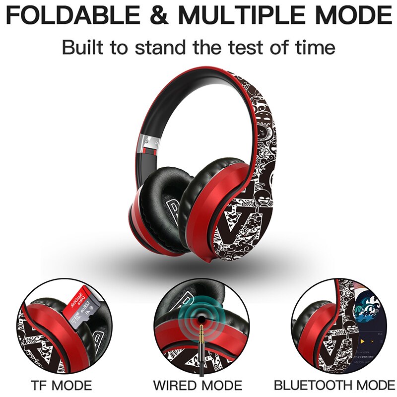 Kabelloser bluetooth 5.0 over-ear-kopfhörer mit graffiti-design, faltbar, mit mikrofon, hi-fi-stereo-sound für smartphone, pc und laptop