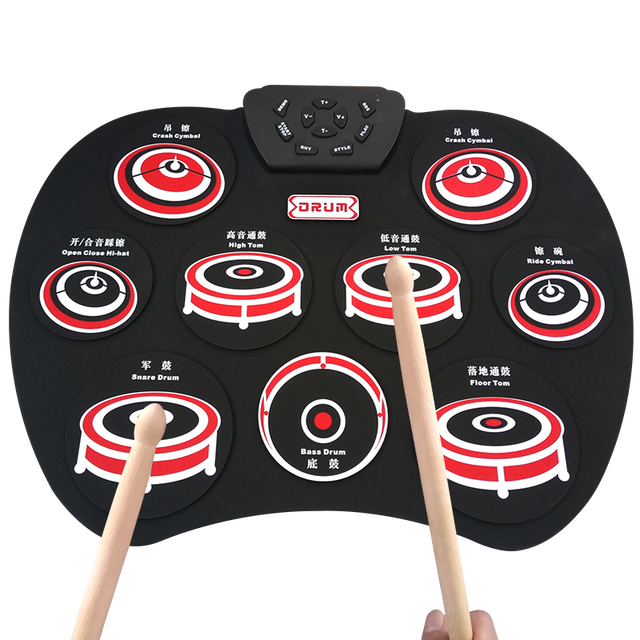 Portable Electronics Drum Set Roll Up Kit 9 Silicone Pads USB Powered with Foot Pedals Drumsticks Cable: Red