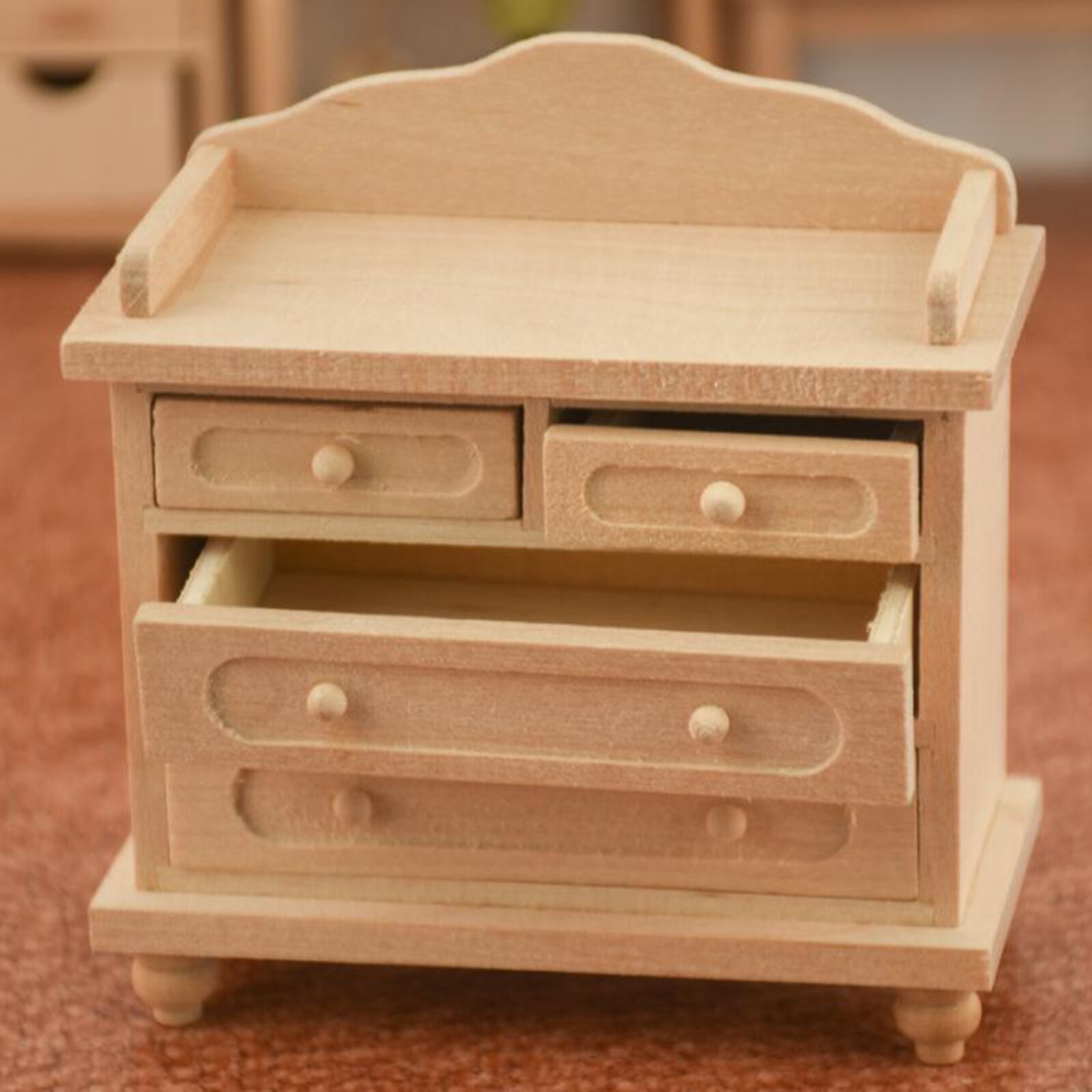 1/12 Scale Dolls House Handmade Classic Solid Wood Unpainted Nightstand TV Cabinet with Drawer Bedroom Decor Toy