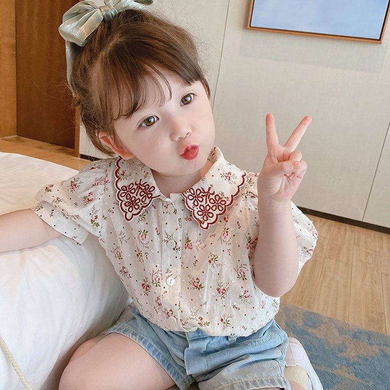 Vfochi piger bluse sommer børn toppe ren bomuld piger kortærmet skjorte børn bryllup tøj baby pige top t-shirts
