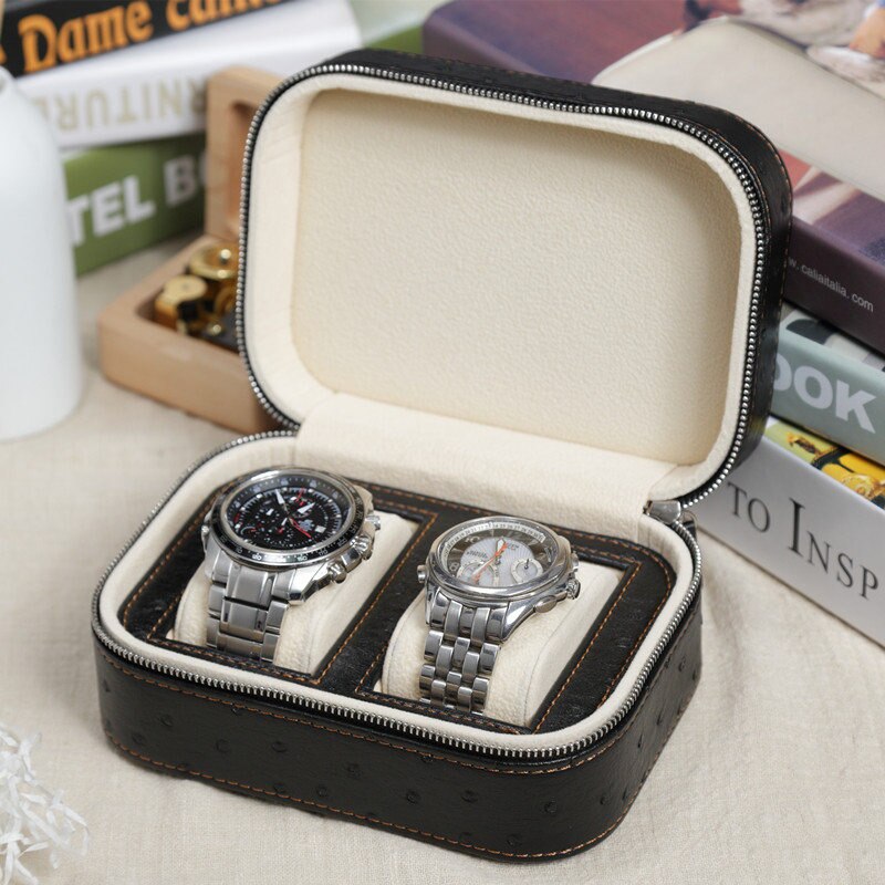 Lederen Horloge Doos Verpakking Heren Reizen Horloge Case Horloge Organizer Box Met Rits Mannen Grid Horloges Doos