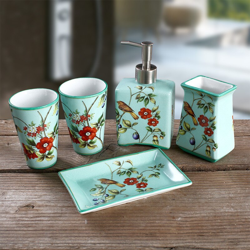 Chinese Flower and Bird Art Ceramics Soap Dispenser Jewelry Box Soap Dish Toothbrush Holder Gargle Cup Bathroom Accessories Set