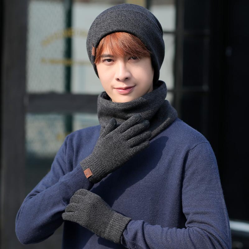 Women Scarf Hat Gloves Set Three-Piece Winter windproof Thick Warm Set Female Hats Scarves Men Women Couple Unisex: MEN black