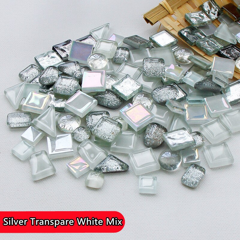 Azulejos de mosaico de vidrio diversificado, materiales para manualidades de mosaico DIY, mezcla de colores/formas, piedras de mosaico brillantes redondas/triangulares/cuadradas, 250g/8,81 oz: SilverWhiteTrans Mix