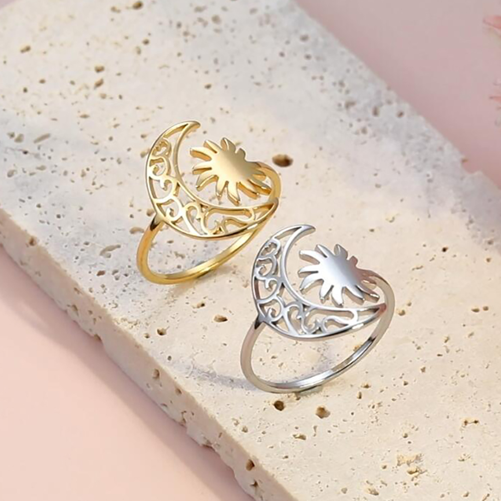 Skyrim-Anillo de sol con forma de luna creciente para mujer, anillos abiertos de acero inoxidable, joyería bohemia de , de cumpleaños,