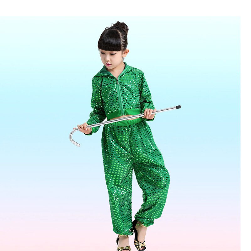Kid girl boy hip hop dance costume glitter long sleeve stage jazz costume hiphop Suit children ballroom Top Hooded and Pants