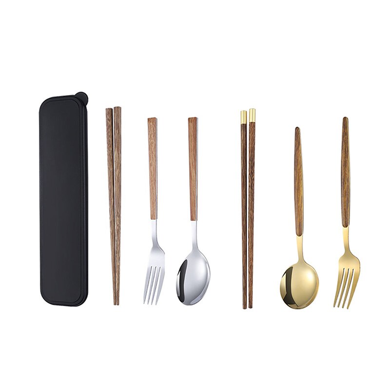 Draagbare Servies Eetstokjes Lepel Set Drie Stuk Met Ingelegd Opbergdozen Outdoor 430 Roestvrij Staal Houten Eetstokjes Set