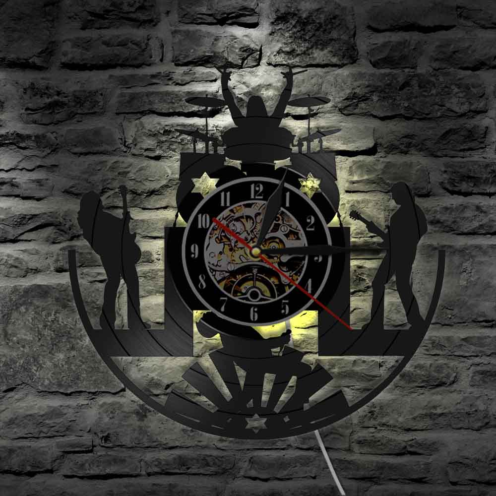 Rock Band Music Group Wall Clock Modern LED Night Light Rock Band Drummer Guitarist Vinyl Record Wall Clock reloj pared